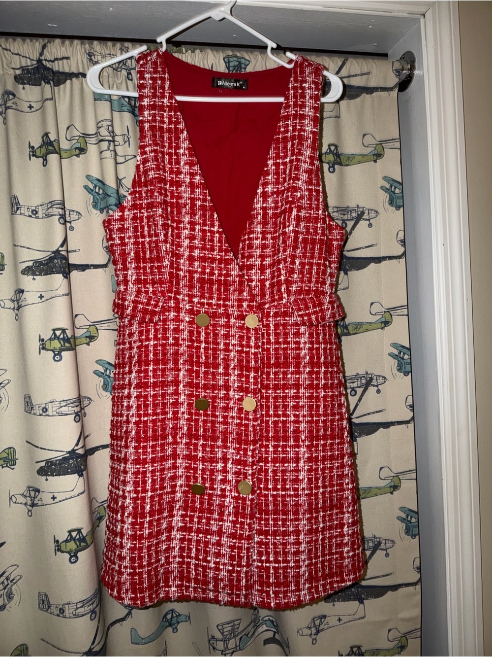 Allegra K Red Tweed Double-Breasted Mini Dress with Gold Buttons